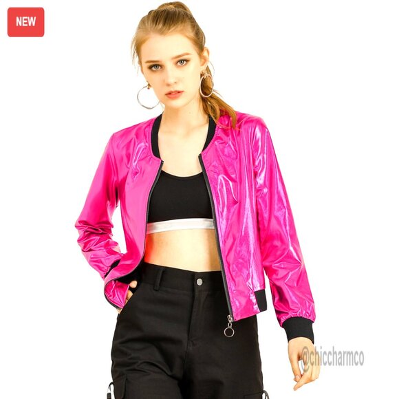 Jackets & Blazers - Shimmering Metallic Bomber Jacket Hooded Casual Y2K Chic Party Wear